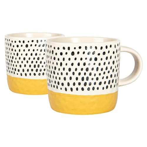 Image of Nicola Spring Ceramic Coffee Mugs Set - 385ml - 2pc Mustard Dipped Dots Stoneware Coffee Cups Dishwasher & Microwave Safe Large Tea Mugs for Hot Drinks, Hot Chocolate, Tea