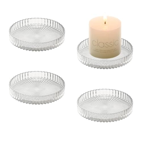 Image of YoHyien 4 Pcs 3.5 in Glass Candle Plates for Pillar Candles, Round Pillar Candle Holders, Transparent Candle Dish for Party Decoration, Wedding, Christmas, Spa, Table Centrepieces & Gifts (Clear)