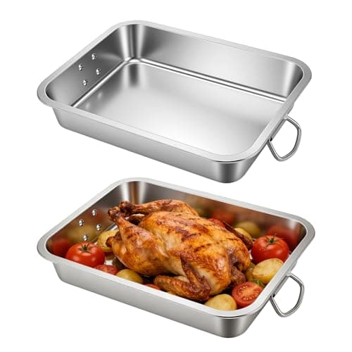 Image of CHIHEUNG 2PCS Large Baking Tray, Stainless Steel Roasting Pan with Handle, 40cm Extra Large Oven Baking Tray for Large Meats, Vegetables