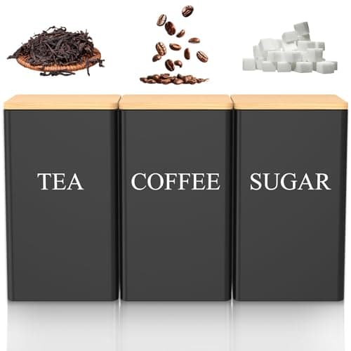 Image of 3 Pcs Metal Tea Coffee Sugar Canisters with Bamboo Lid and Name Marker 1000 ML Versatile Tea Coffee Sugar Storage Canister Set Space Saving Airtight Kitchen Storage Tin for Kitchen Counter (Black)