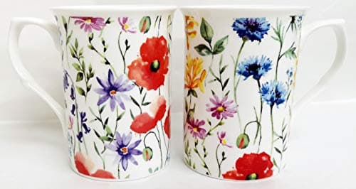 Image of Wildflowers Meadow Mugs Set of 2 Fine Bone China Multi Colour Floral Cups Hand Decorated UK