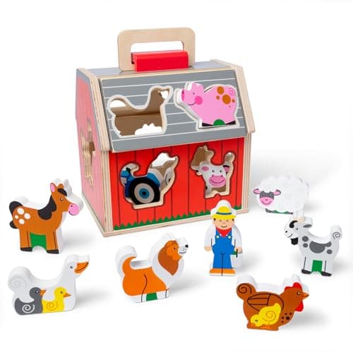 Image of Melissa & Doug Wooden Take-Along Sorting Barn | Stacking Toy for Kids, 10 Farm Animals | Age 2+