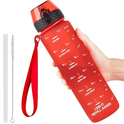 Image of GOPPUS 1L/32oz Tritan Water Bottle with Straw-Soft Matte Finish Leakproof Drink Bottle with Measurements Bottles with Flip Top Motivational Bottles with Time Marks for Adults BPA Free (Red)
