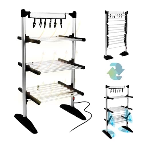 Image of Duronic CA20 BK Electric Clothes Airer 3 Tier Heated Indoor Laundry Drying Rack with Washing Pegs 202W Foldable Sock Hanger Lightweight Garment Dryer Stand for Hats Gloves Small Spaces Home