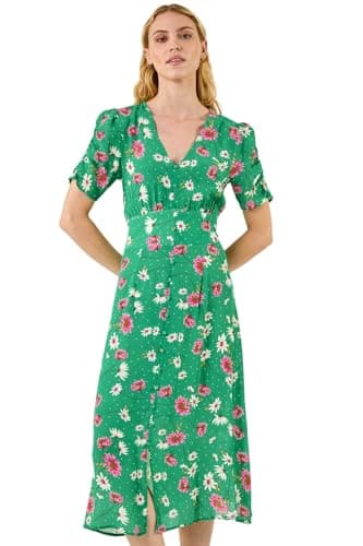 Image of Roman Originals Swing Tea Dress Women UK Ladies Skater Midi A Line Fit & Flare Summer Casual Smart Cocktail Party Going Out Work Cruise Button Through Long Pocket - Floral Green - Size 16