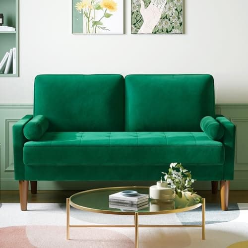 Image of Vesgantti Small 2 Seater Sofa Green, Comfy Couch with Spring Cushion, Velvet Sofa with Wood Legs, Modern Love Seat Sofa 2 Seater for Living Room, Small Couch for Bedroom, Green Office Couch