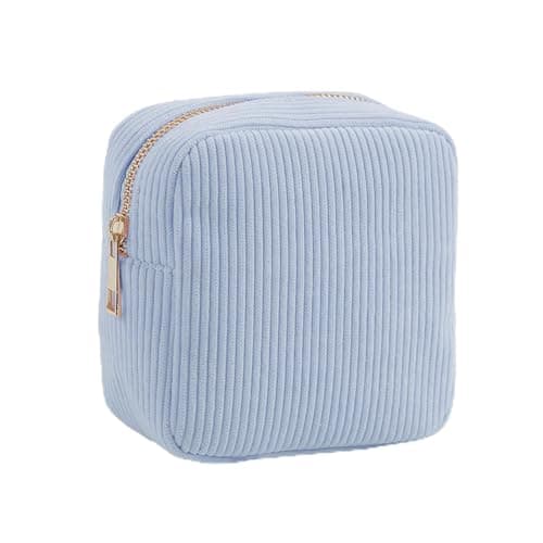 Image of Small Makeup Bag for Handbag, Corduroy Makeup Pouch with Zipper, Mini Travel Cosmetic Bag Portable Make Up Bag for Purse Skincare Bag Organizer for Travelling Business Trip (Blue)