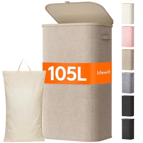 Image of Lifewit 105L Laundry Basket with Lid, Washing Basket with Handles and Bag, Large Foldable Dirty Clothes Organiser with Plastic Frame for Laundry Room, Bedroom, Bathroom, Beige