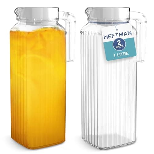 Image of HEFTMAN Glass Water Jug for Fridge - 2 Pack (1 Litre) Water Jugs with Lids with Ribbed Design, Spill-Free Spout, Vented Lid for Hot/Cold Drinks, Ice Tea, Coffee, Milk & Juice, Transparent Pitcher Jug