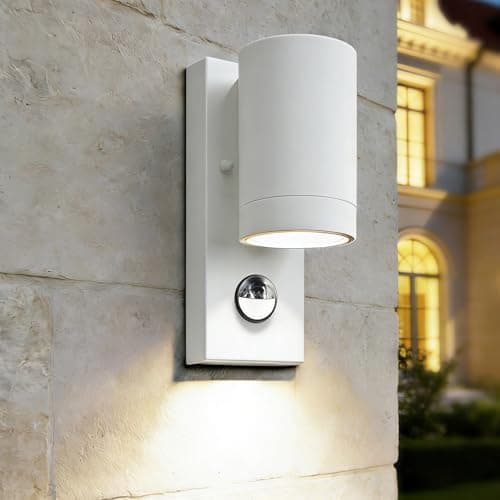 Image of EBION PIR Outdoor Wall Lights,IP65 Waterproof Outside Wall Lights with Motion Sensor,Aluminium Outside Wall Sconce Mains Powered GU10,Indoor Outdoor Wall Lamp for Front Door,Porch,Patio,White
