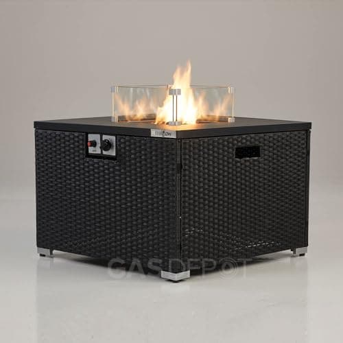 Image of REALGLOW Warmpact Rattan Table Gas Fire Pit in Black - 13KW Square Propane Gas Fire Pit w/Removable Glass Wind Guard, Lava Rock & Lid Cover - Coffee Table w/Heater for Garden, Deck, Outdoor Bars