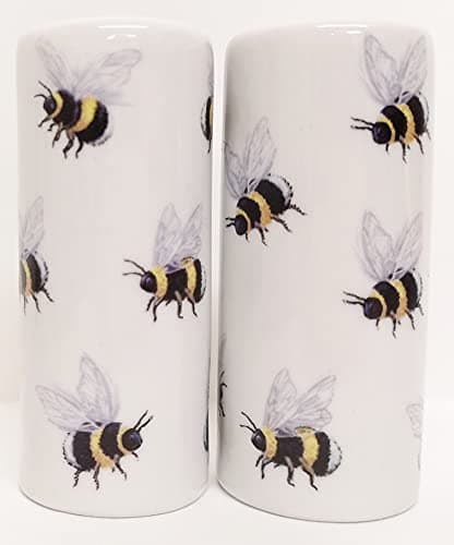 Image of Bees Salt & Pepper Ceramic Bumble Bees Porcelain Round Salt & Pepper Cruet Set Hand Decorated in UK