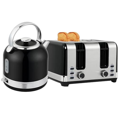 Image of HOMCOM Stainless Steel Kettle and Toaster Set, 1.7L 3000W Cordless Fast Boil Kettle, 4 Slice Toaster Kitchen Set with 7 Level Browning Controls, Defrost, Reheat and Crumb Tray, Black