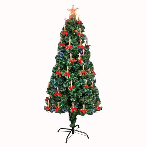 Image of 6Ft/180cm Fibre Optic Christmas Tree with Star Topper - LED Lights Candle & Bow Decorations - Pre-Lit Green Artificial Xmas Tree - Multicolor Changing Lights