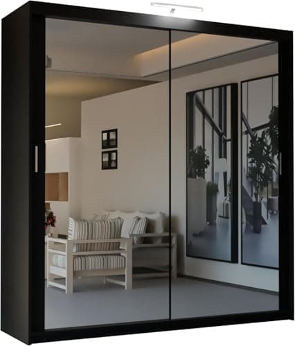 Image of SLIDING WARDROBE 4U Mirror Sliding 2 or 3 Door Wardrobe with LED Light 90cm/120cm/150cm/180cm/203cm/250cm White-Black-Grey-Walnut-Wenge-Oak (Black, 203cm)