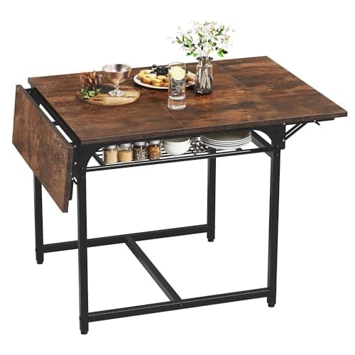 Image of YITAHOME Folding Dining Table, Extendable Drop Leaf Table with Storage Rack and 4 Adjustable Legs, Seats 2-6 People, 120 x 78 x 75cm, Rustic Brown and Black