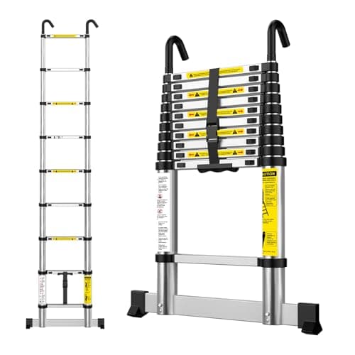 Image of EASelect Telescopic Ladder 2.6M Aluminium Extension Loft Ladder with Stabilizer Bar, Non-Slip Feet and Detachable Hooks, EN131, Portable Extendable Folding Ladders for Roof, Attic, Caravan