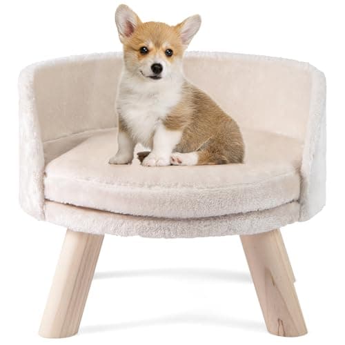 Image of COSTWAY Elevated Dog Sofa Bed, Pet Couch with Removable & Washable Cushion, Sturdy Wood Legs, Puppy Kitty Lounge Chair Furniture for Small Dogs Cats (Beige)