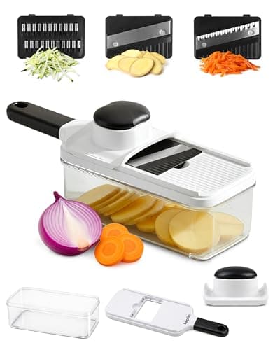 Image of Keplin 3-In-1 Mandoline Vegetable Slicer – Hand-Held Food Slicer With 3 Interchangeable Blades, Non-Slip Base, Dishwasher Safe, BPA Free, Great for Slicing Vegetables, Fruits & Small Food Items, White