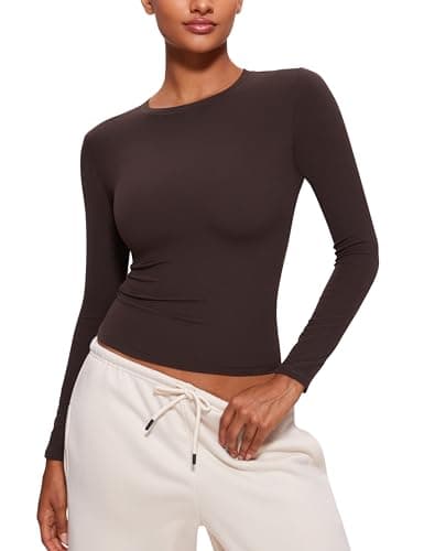 Image of CRZ YOGA Womens Softembrace Long Sleeve Soft Crew Neck Shirts Basic Stretchy Tight T-Shirts Casual Going Out Fall Fitted Tops Hot Fudge Brown 8