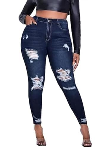 Image of Vaimti Plus Size Women's Distressed Ripped Denim Jeans, High Waist Skinny Fit (UK, Alpha, XXL, Plus, Regular, Blue)