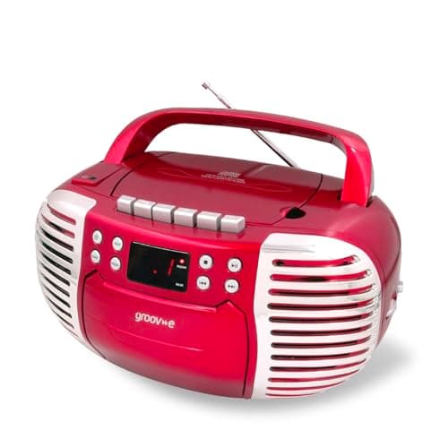 Image of Groov-e Retro Boombox - Portable Cassette Tape & CD Player with Radio, 3.5mm Aux Port, & Headphone Socket - LED Display, 2 x 1.2W Speakers - Battery or Mains Powered - Red