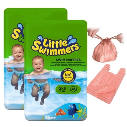 Image of Swim Nappies Size 2-3, with Nappy Bags for Swim Nappy, Little Swimmers, Disposible Swimming Nappies for Babies (3-8kg) x 24 - Waterproof Nappies Great for Summer, Indoor, Outdoors Pools
