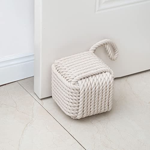 Image of Marwood Rope Knot Door Stops Decorative Nautical Door Stopper Handmade with Handle, Weighted Interior Square Doorstop Sailor Knot for Door and Window - Beige (13x13cm, 2kg)