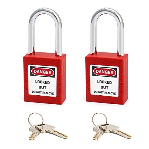 Image of QWORK® Safety Lockout Padlock, 2 Padlocks with 4 Keys, Steel Shackle, Red