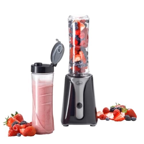 Image of Quest Personal Blender & Smoothie Maker | 350 Watt | Includes 2x 600ml Portable Bottles | One Touch Button | Slimline, Portable and Compact | Stainless Steel Blades (Black & Grey)