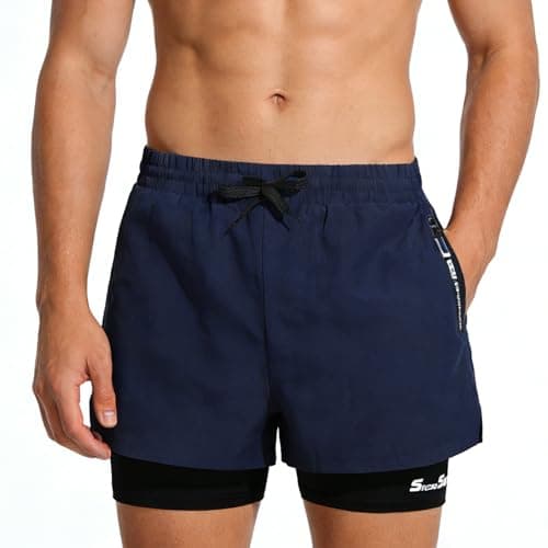 Image of InfiniZer Men's Swim Shorts with Lining, 2-in-1 Quick Dry Swimming Shorts Men with Compression Liner & Zipper Pockets (UK, Alpha, M, Regular, Regular, Navy Blue)