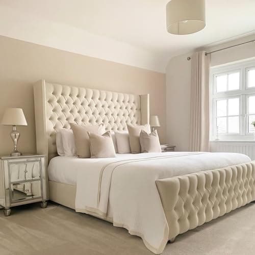 Image of Bespoke Chesterfield Chelsea Wing Bed Frame - UK made - Single/Double/King/Super King Size Plush Velvet Fabric Upholstered (Cream Plush, Double 4ft6)