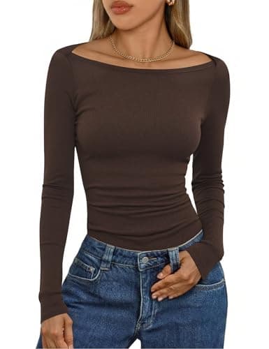 Image of Aottori Womens Long Sleeve Tunic Tops Boat Neck Ribbed Shirts Ladies Basic Base Layer Underwear Slim Fitted Cotton Casual Pullover Jumpers T Shirt Brown L