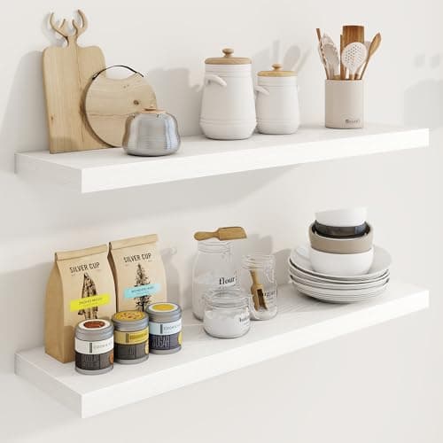 Image of 36in Floating Shelves for Wall, 36"W x 9.25"D x 1.25"H, 2 Pack Long Wall Mounted Engineered Wood Shelves with Invisible Brackets for Living Room, Bedroom, Bathroom, Kitchen Decor and Storage, White