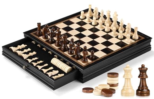 Image of Peradix Magnetic Chess Checkers Board Sets with 2 Built-in Storage Drawers,15" Classic 2 in 1 Wooden Games with 2 Extra Queens for Kids and Adults,Travel Portable Chess Game Set