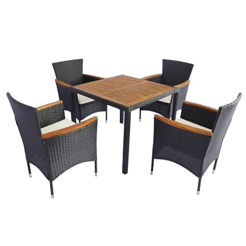 Image of Panana 4 Seater Rattan Dining Set, Garden Table & Stackable Chairs with Acacia Wood Table Top & Cushions, All-Weather Patio Furniture for Conservatory Outdoor