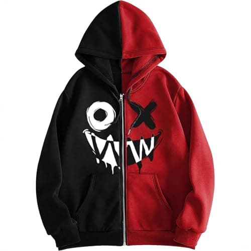 Image of Generisch Hoodie Red Men's Hoodie Gothic Graphic Old Baggy Fleece Jacket 90s Punk Streetwear Sweatshirt Men's with Print, red, XXL
