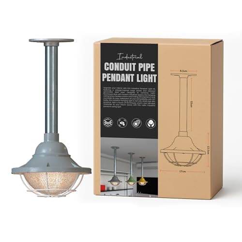 Image of LEDSone Ceiling Pendant Light - Single Head E27 Base Metal Lampshadewith Industrial Galvanized Conduit Steel Hanging Pendant Lighting for Kitchen Living Room (Grey - 25cm - Without Bulb)