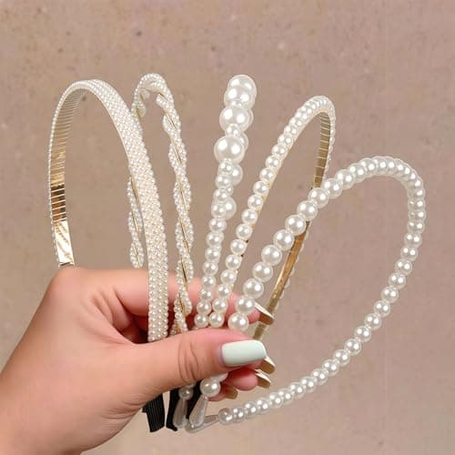 Image of VelvetGlow 5 Piece Pearl Headbands for Women, Non-Slip White Pearl Hairbands, Fashionable Bridal Headband for Weddings and Parties, Pearl Hair Accessories for Girls