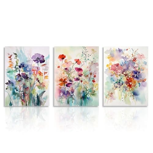 Image of Dazzlewall 3Pcs Watercolor Flower Canvas Wall Art Modern Wildflower Prints, Colorful Botanical Wall Pictures for Bedroom Bathroom Living Room Decor 12x16 in Unframed