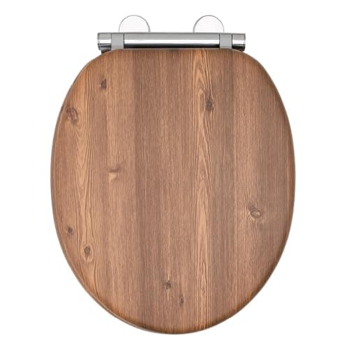 Image of AQUALONA® Premium Soft Close Toilet Seat - Moulded Wood - Stainless Steel Slow Close Hinges - Click, Lift & Clean Technology - Contemporary Design - Durable (Teak Toilet Seat)