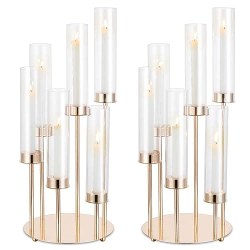 Image of NUPTIO Gold Candlestick Holders Hurricane - 60cm Tall 2 Pcs Taper Candle Holder with Clear Cylinder Glass 6 Arms Candelabra Candle Stick Chimney Cover Outdoor Wedding Centrepieces for Tables Christmas