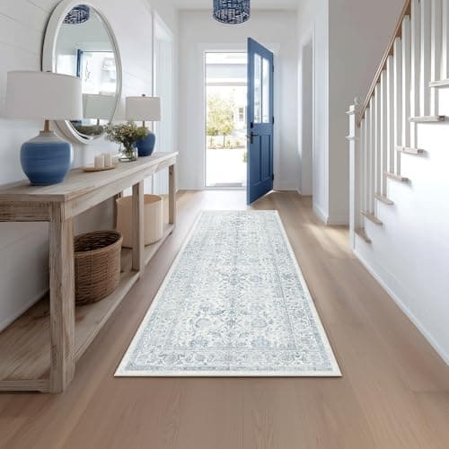 Image of Beauoop Hallway Runner Rug Blue Vintage Neutral Washable 60x180 cm Non Slip Low Pile Traditional Indoor Carpet Soft Retro Entryway Rug for Kitchen Living Room Bedroom Bathroom Laundry Entrance