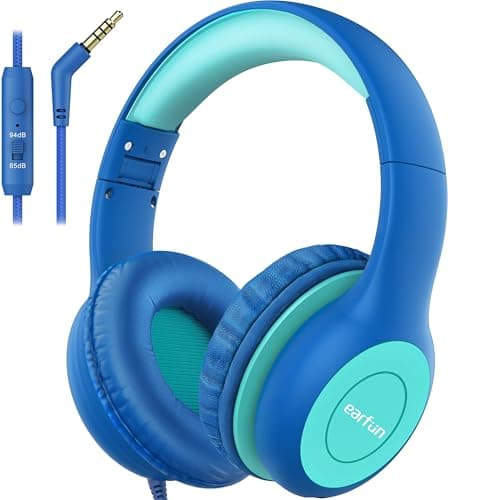 Image of EarFun Kids Headphones, Wired Headphones for Kids with Mic 85/94dB Volume Limit, Sharing Function, Stereo Sound Adjustable Headband Children Headphones for School/Travel/Tablet, Blue Green