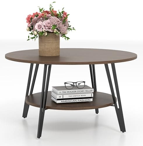 Image of Manora Round Coffee Table Walnut with Storage,2 Tier Dark Wood Sofa Table with 8mm Solid Metal Feet,Rustic Coffee Table for Living Room(Brown)