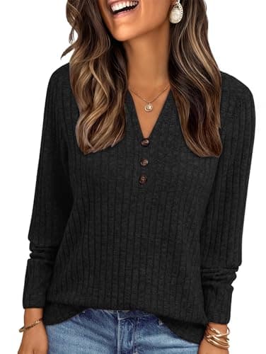 Image of Famulily Womens Dressy Tunic Tops V Neck Knit Sweatshitrs Loose Fit Button Detail Lightweight Long Jumpers Black XXL