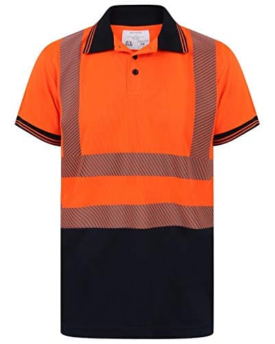 Image of HuntaDeal Hi Vis Short Sleeve Polo Shirt - High Visibility T Shirt with Anti-Perspiration and Contrast Ribbed Collar & Sleeves - Safety & Security Work Button Shirt for Day & Night, Orange/Navy, XL