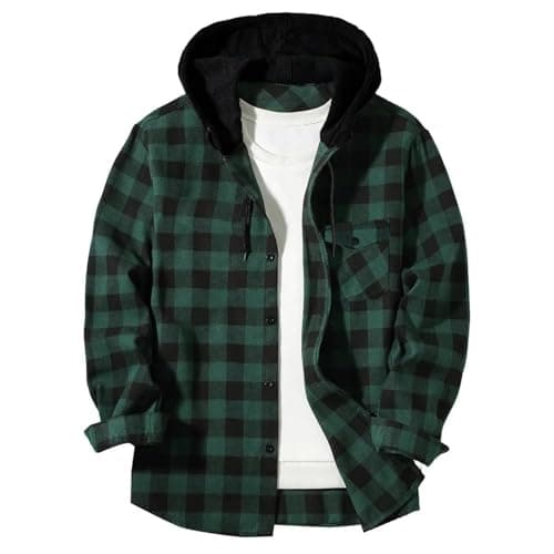 Image of Check Shirts for Men UK Long Sleeve Hooded Flannel Shirts Casual Drawstring Button Down Work Plaid Hoodie Adult Regular Fit 4 Seasons Lumberjack Jacket with Pocket S-5XL Army Green