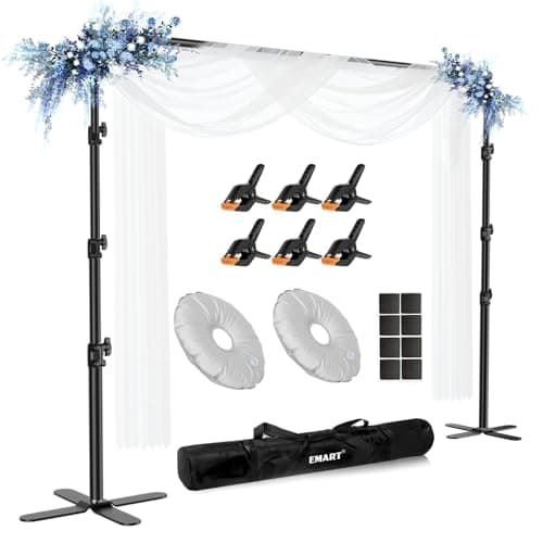 Image of EMART Backdrop Stand, Adjustable Photography Background Support Kit with X-shaped Metal Base, Suitable for Weddings, Photography Studios, Birthday Parties and Outdoor Events, 3x3m/10x10ft
