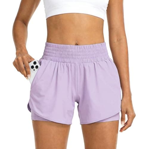 Image of GOZINA Womens 2-in-1 Running Shorts with Phone Pocket, Lightweight Gym Yoga Ladies Sports Shorts for Running, Hiking & Training (M, Purple)
